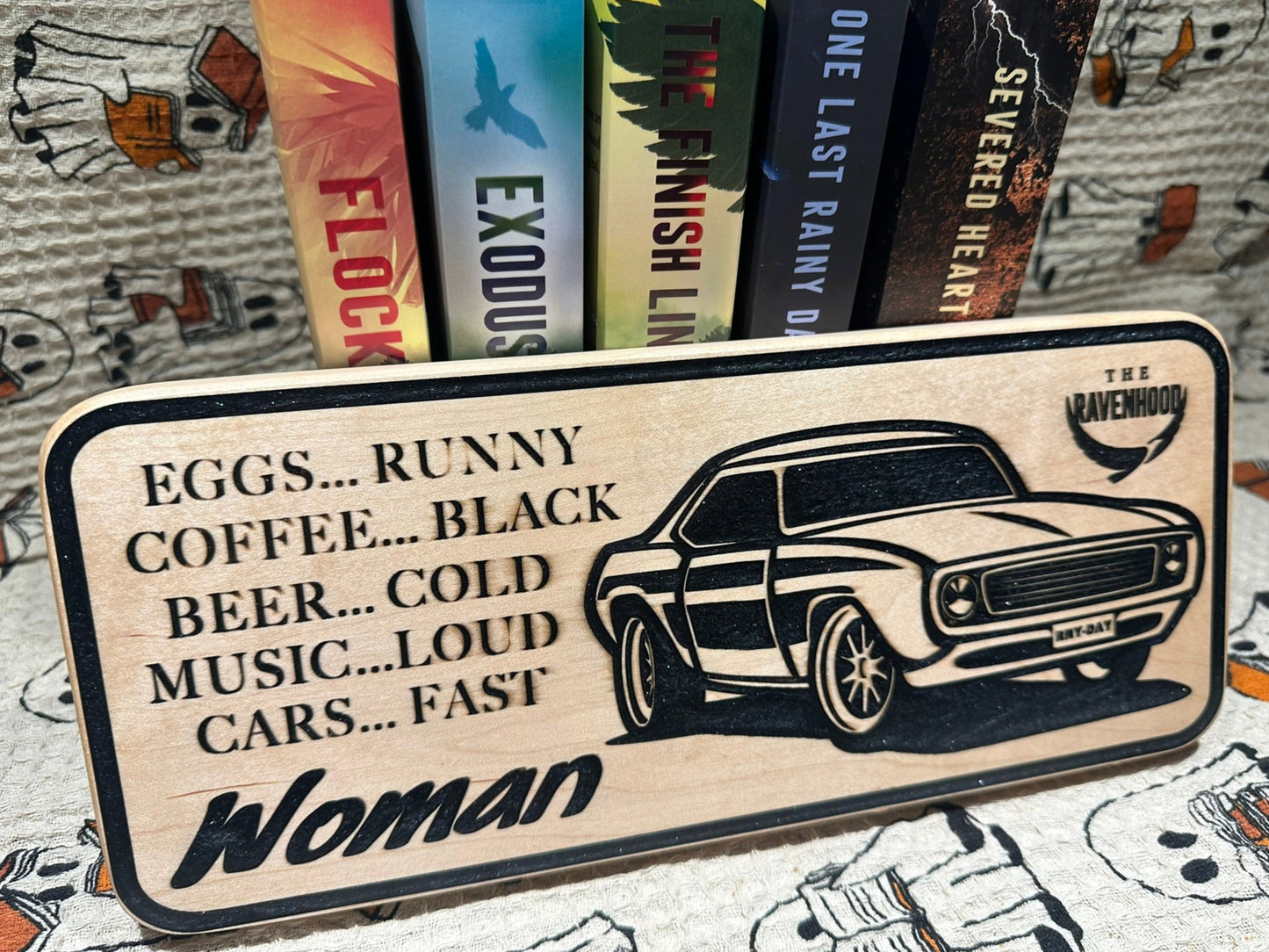 Officially Licensed Dom’s Car Bookshelf Sign; Flock The Ravenhood Merch
