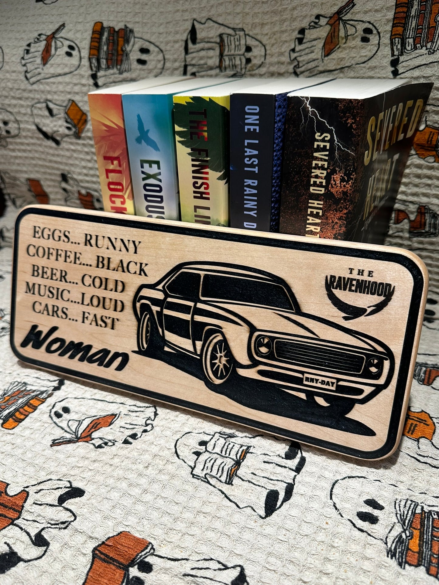Officially Licensed Dom’s Car Bookshelf Sign; Flock The Ravenhood Merch